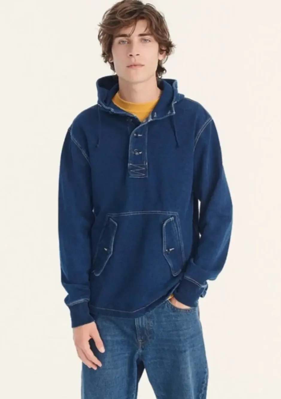 J.Crew WALLACE & BARNES Indigo-Dyed French Terry Anorak Sweatshirt Hoodie Blue L
